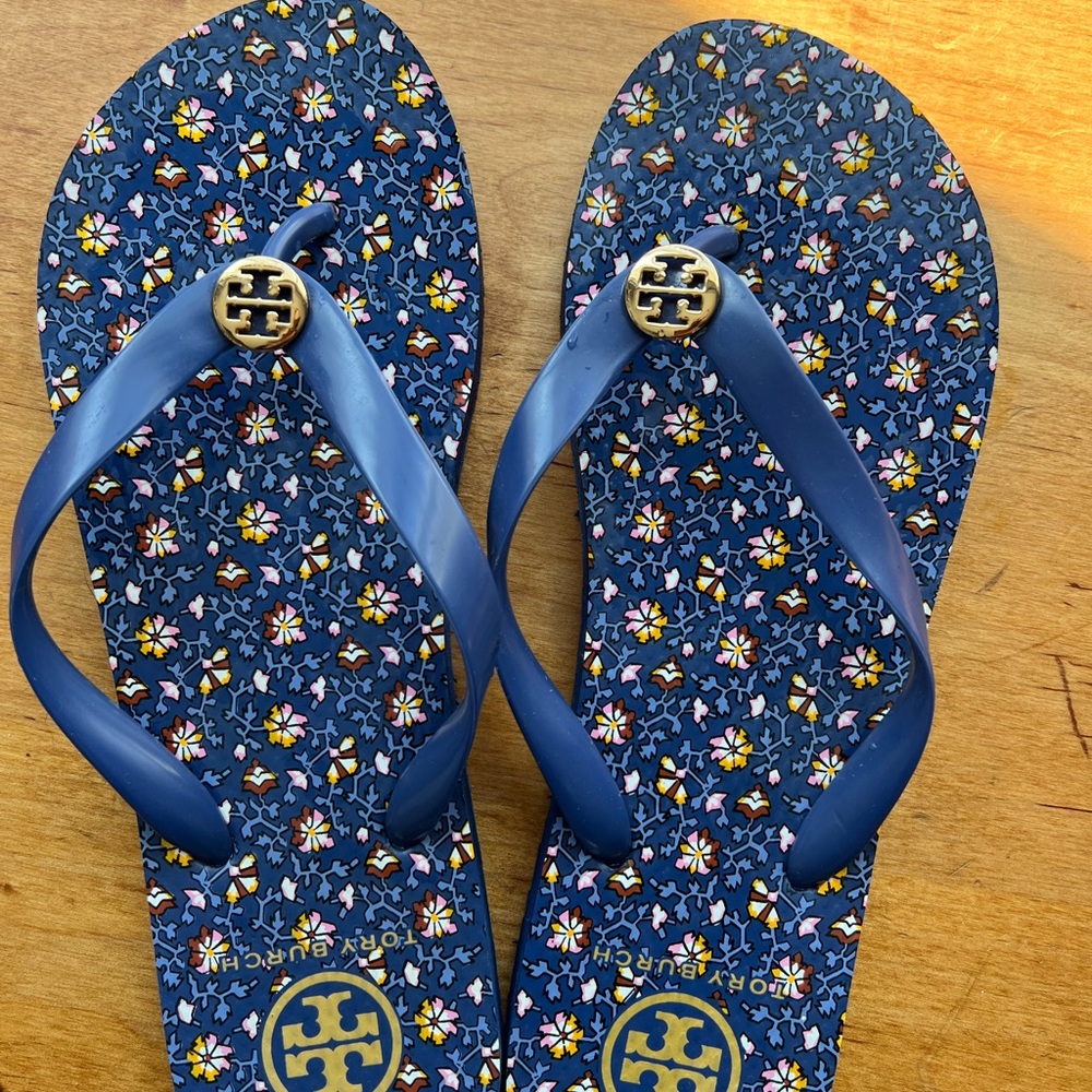 Tory Burch Blue Floral Logo Flip Flops with Gold Emblem